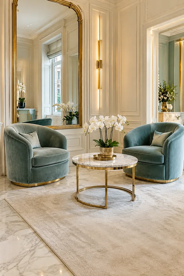 The Harley Facial lounge with teal chairs and white orchids.