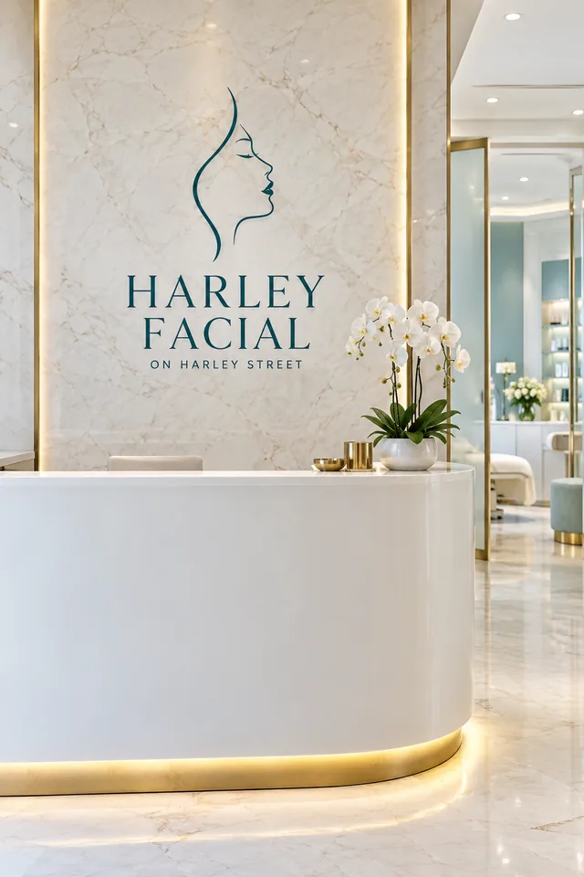 Harley Facial reception with white marble, orchids and the clinic wordmark.