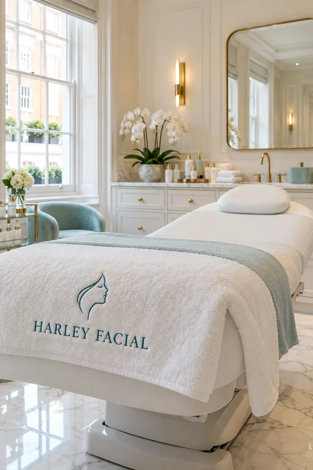 A bright white and pale aqua Harley Facial treatment room.