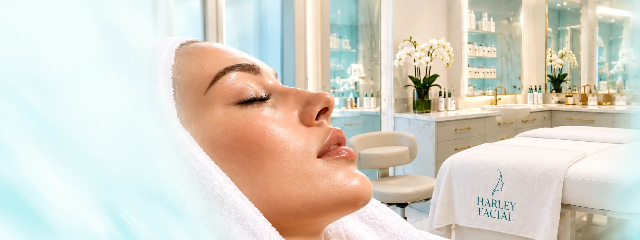 A relaxed woman in a white head wrap in a bright Harley Facial treatment room.