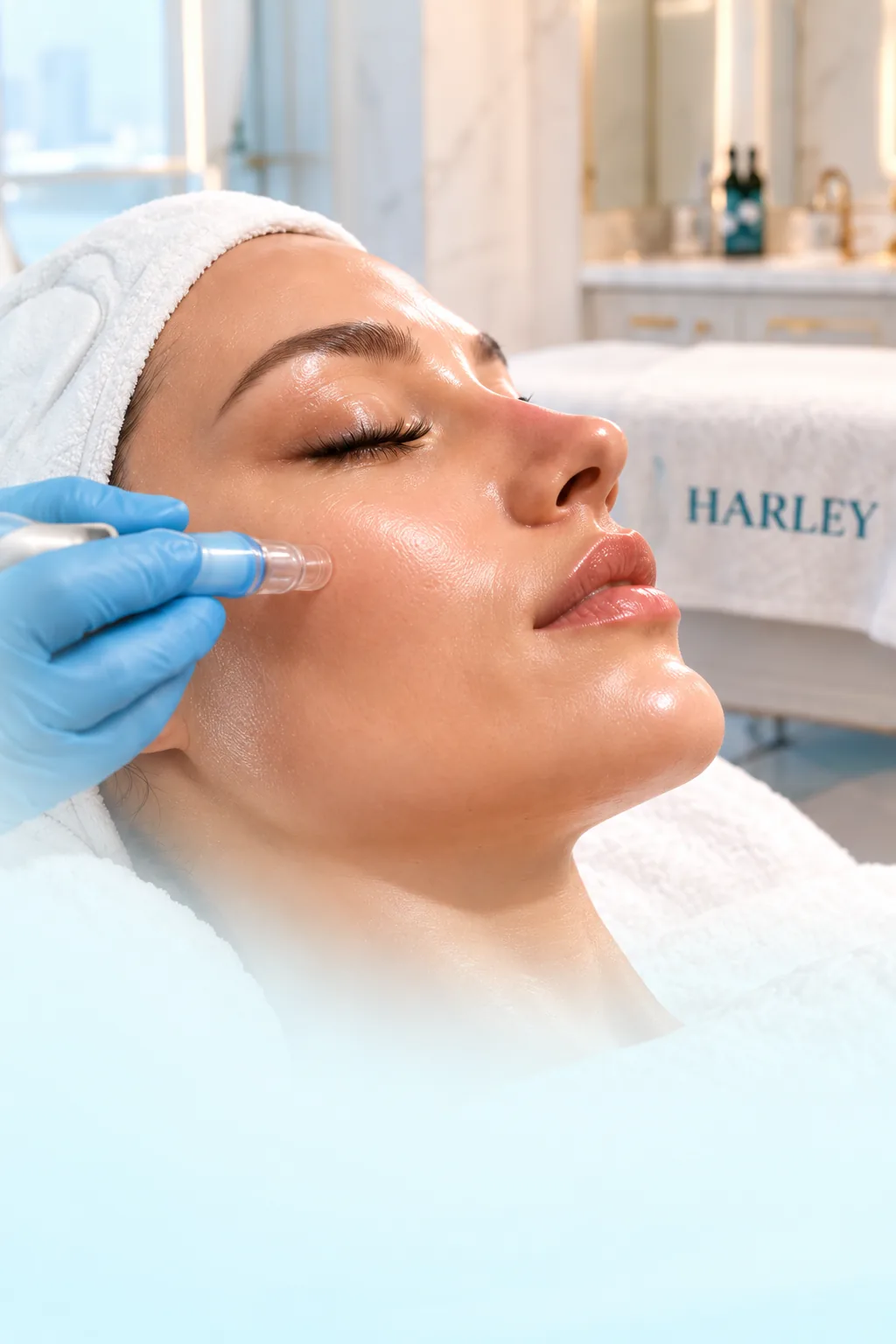 A woman receives a gentle suction facial from a gloved hand.